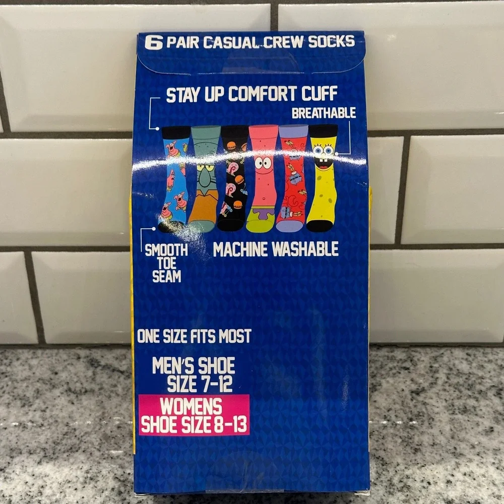SpongeBob SquarePants 6 Pair Casual Crew‎ Socks Mens Shoe Size 7-12 Womens 8-13